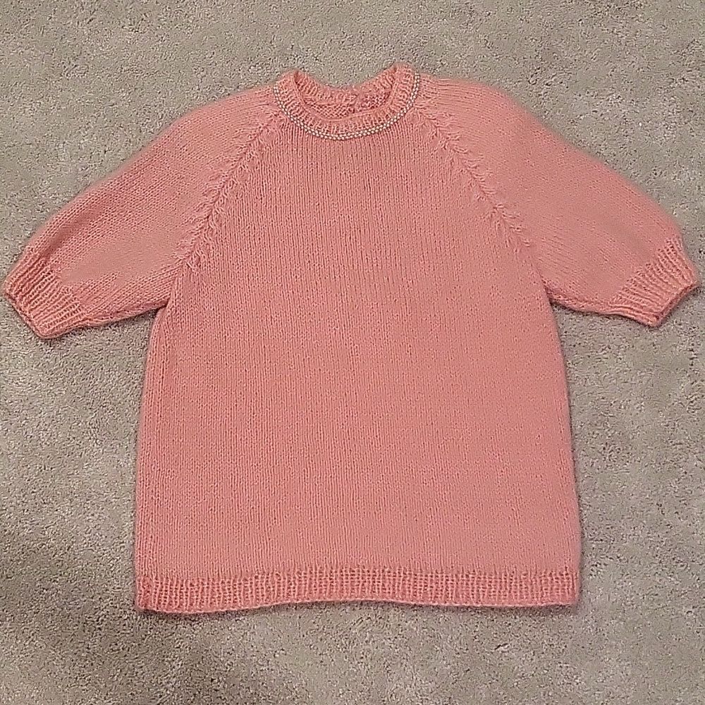 VINTAGE Bubblegum Pink Crochet Handmade Sweater Pearls M/L